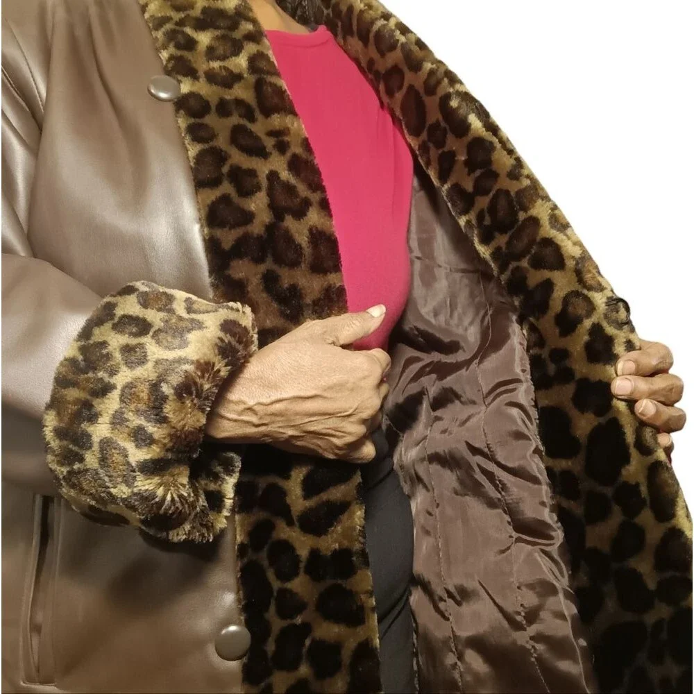 Leopard Trim Vegan Leather Quilted Lining Brown Animal Print Car Coat Sz…
